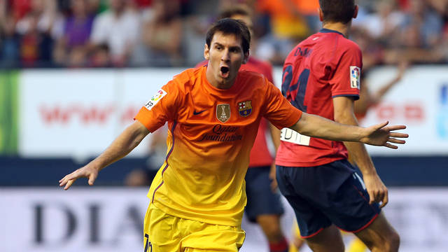 Messi celebrates one of his goals against Osasuna / PHOTO: MIGUEL RUIZ - FCB