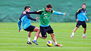 Xavi and Messi durring a training session / PHOTO: ARXIU - FCB