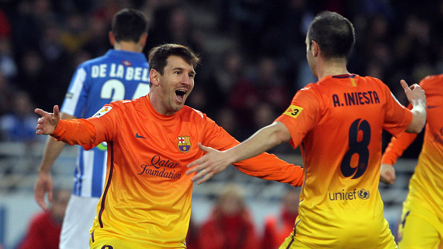 Messi e Iniesta celebran el primer gol en Anoeta / FOTO: MIGUEL RUIZ-FCB Messi e Iniesta celebran el primer gol en Anoeta / FOTO: MIGUEL RUIZ-FCB