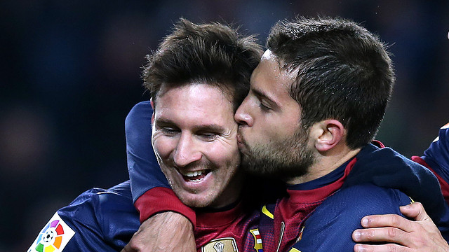 •	Alba and Messi celebrate one of the goals against Athletic Club earlier this season (5-1) / PHOTO: MIGUEL RUIZ-FCB