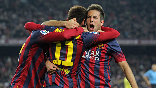 Neymar and Jordi Alba celebrating the Brazilian's goal with the rest of the team 