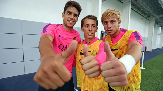 Bartra, Grimaldo and Patric trained on Friday at St George's Park. PHOTO: MIGUEL RUIZ-FCB.
