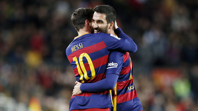 Messi and Arda Turan celebrate during the cup game against Espanyol / MIGUEL RUIZ - FCB Messi and Arda Turan celebrate during the cup game against Espanyol / MIGUEL RUIZ - FCB