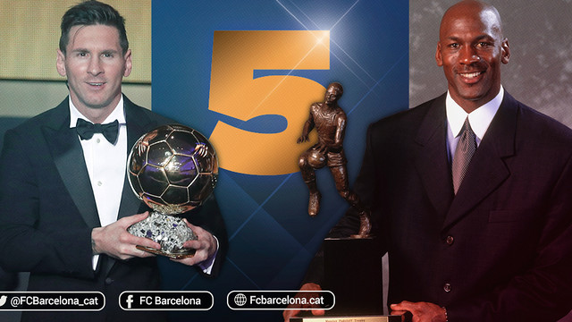 Lionel Messi has won five Ballons d'Or, the same number of NBA MVPs won by Michael Jordan. / FCB